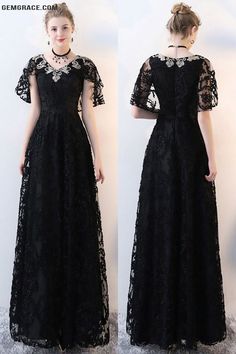 Cocktail Dresses Long Black Lace Empire Formal Dress Vneck with Sleeves Lace Dresses Long, Dresses Long Black, Brown Evening Dresses, Modest Homecoming Dresses, Trendy Dress Styles, Delicate Gown, Black Homecoming Dress, Long Formal Dress, Long Cocktail Dress