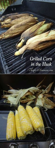 grilled corn in the husk is being cooked on an outdoor bbq grill