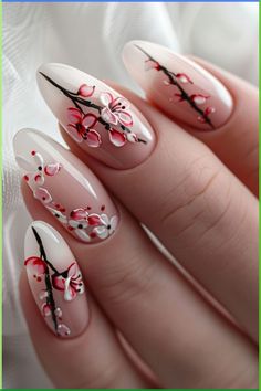 Explore the delicate beauty of cherry blossom nail designs with these 25 stunning ideas. From soft pastels to bold blooms, these designs are a must-see for any nail art lover. Find inspiration for your next manicure and add a touch of floral elegance to your nails. Perfect for spring or any time you want to feel feminine and chic. Transform your nails into works of art with these gorgeous cherry blossom designs that are sure to impress! Minimal Flower Nail Design, Blossom Nail Designs, Cherry Blossom Nails Design, Festive Holiday Nails, Mint Green Nails, Cherry Blossom Nails, Green Nail Art, Green Nail Designs