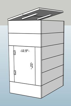 a drawing of a box with measurements for the top and bottom section, including one door