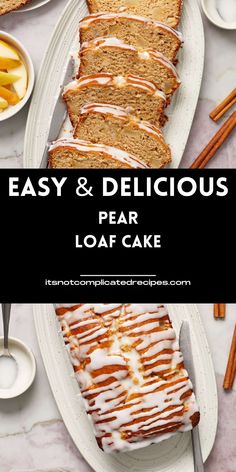 easy and delicious loaf cake with white icing on a plate next to other desserts