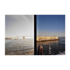 two pictures side by side, one with water and the other with bridge in background