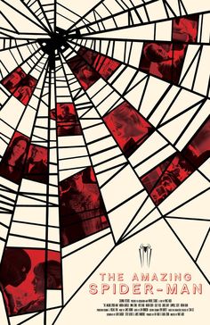 the amazing spider - man movie poster with multiple images in red, white and black