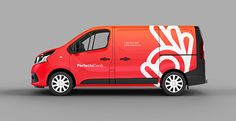 an orange van with white lettering on it's side and the words perfectcout written in red