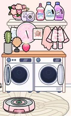 an image of a laundry room with clothes on the shelf and washing machine in front