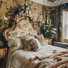 a bedroom with floral wallpaper and an ornate headboard on the side of the bed