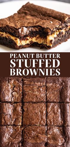 chocolate brownies cut into squares on a plate with peanut butter in the middle and stuffed between them