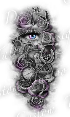 an artistic tattoo design with roses and a clock on it's side, the eye is