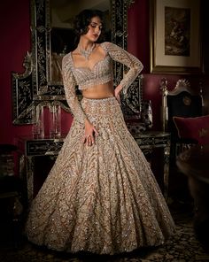 Indian Bridal Dresses & Bridal Wear | Panache by Sharmeen Silver Lehenga, Over Worked, Peach Lehenga, Sequin Lehenga, Seema Gujral, Heavy Lehenga, Sangeet Outfit, Bridal Lehenga Designs, Latest Bridal Lehenga