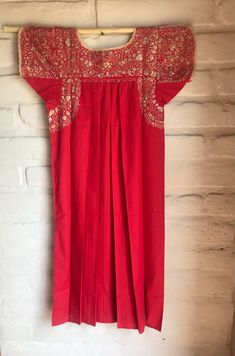 Medium - Large Hand Embroidered Red Dress / Mexican Huipil / Long Embroidery with silk thread/ Mexic Anarkali Dress With Embroidered Border For Traditional Ceremonies, Traditional Embroidered Silk Gown, Traditional Silk Embroidered Gown, Traditional Festive Dress With Embroidered Border, Festive Dress With Embroidered Border And Traditional Drape, Ceremonial Saree Dress With Intricate Embroidery, Anarkali Dress For Traditional Ceremonies With Floral Embroidery, Red Saree Dress For Traditional Ceremonies, Bohemian Embroidered Ceremonial Gown