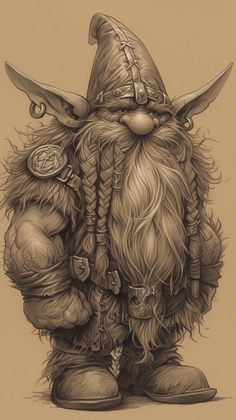 a drawing of an elf with long hair and beards