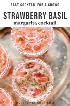 strawberry basil margaritas on a silver platter with text overlay