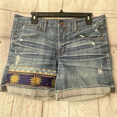 "I love making these. UpCycled, refashioned, and reimagined denim shorts.  Brand: J. Crew Size: 29/8 Shorts Material: 98% cotton 2% polyurethane denim Other material: jacquard trim Rise: 9.75\" Inseam: 5.5\" cuffed, 6.5\" un-cuffed Other info: these do NOT have stretch to them  Zip fly I want you to be happy, so please message me with questions prior to purchase so that we can ensure your satisfaction. More photos and details available upon request.  Made with love.  Washing and care: wash cold, Upcycled Blue Jeans For Summer, Denim Jean Shorts For Festival, Blue Upcycled Jeans For Summer, Upcycled Denim Bottoms For Summer, Medium Wash Patchwork Jean Shorts For Summer, Summer Medium Wash Recycled Denim Shorts, Summer Patchwork Jean Shorts In Medium Wash, Summer Recycled Denim Relaxed Fit Shorts, Relaxed Fit Recycled Denim Shorts For Summer