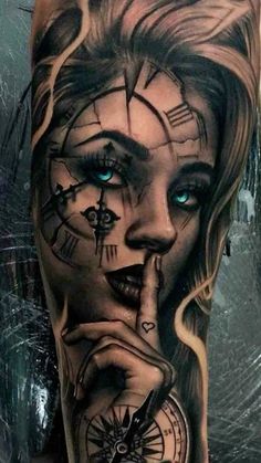 a woman's face with blue eyes and a clock tattoo on her arm is shown