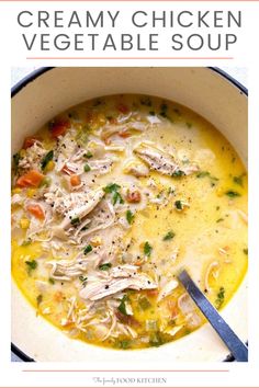 creamy chicken vegetable soup in a white bowl with a spoon and title text overlay