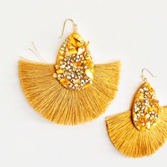 "Dramatic jeweled fringe earrings with 16k gold plated fish hook findings. - Approx. 3\" long - Globally sourced but locally made in the USA. SHOP MORE JEWELRY, https://www.etsy.com/shop/melissavelia?section_id=10442322" Yellow Fringe Dangle Jewelry, Yellow Fringe Jewelry For Party, Elegant Yellow Fringe Earrings, Rehearsal Dinner Shoes, Easter Necklace, Evening Earrings, Bunny Necklace, Rabbit Necklaces, Santa Clarita