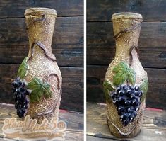 two pictures of a vase with grapes on it