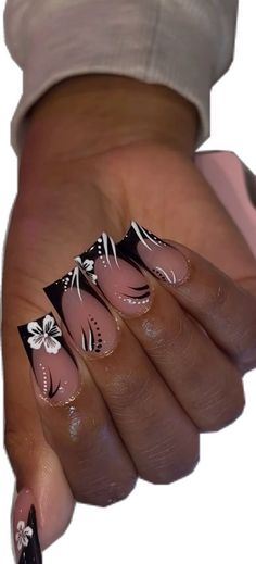 Black Acrylic Nail Designs, Ballerina Acrylic Nails, Black French Nails, Black French Tip, Pink French Nails, White Tip Nails, Flowers Acrylic, Black Acrylic Nails, French Tip Nail Designs