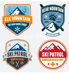 six different ski and snowboard logos with mountains in the backgroung, elk mountain, sky patrol, bear mountain