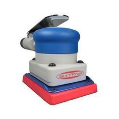 a blue and white sanding machine sitting on top of a red plastic blocker