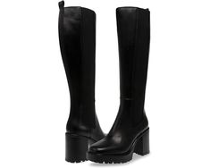 Steve Madden Deegan Black High Shaft Boots With Reinforced Heel, Black Walking Boots With Reinforced Heel, Black High Shaft Boots For Fall, Black High Shaft Boots For Work, High Shaft Black Boots For Fall, Black Medium Width Walking Boots, Black High Shaft Winter Boots, Black High Shaft Boots For Winter, Black Riding Boots Medium Width