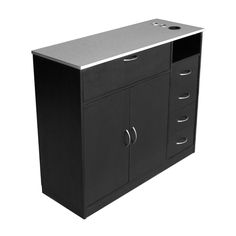 a black cabinet with two doors and three drawers