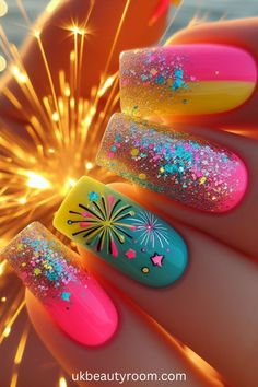 39 Bright Nails to Flaunt this Summer Season! Firework Nails, Pink Gel, Colorful Nails, Short Acrylic, July Nails, Bright Nails