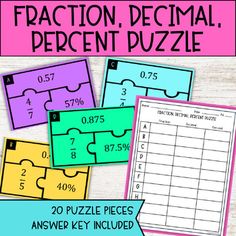 fraction and percentage puzzles with the words fraction, decimal, and percents