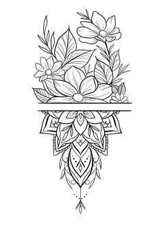 a black and white drawing of flowers on a shelf with an arrow in the middle