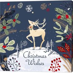 a christmas card with an image of a reindeer on top of a hill surrounded by trees