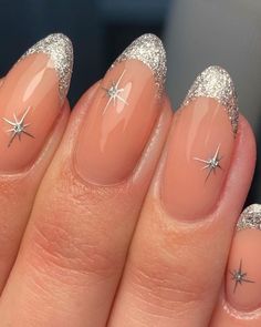 It can be anything, as long as it's holiday-themed! Sparkly Silver Nails, Silver Nail Designs, Glitter Accent Nails, Silver Glitter Nails, Formal Nails, Silver Nail, Striped Nails, Nail Designs Glitter