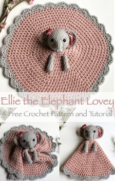 an elephant crocheted blanket and hat with flowers on the side is shown in three different pictures