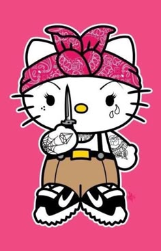 the hello kitty character is holding a pair of scissors in her hand and wearing a pink bandana