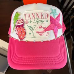 Tanned And Tipsy Trucker Hat With Chain. New And Never Worn. Vintage Trucker Hat For Summer Beach, Vintage White Trucker Hat For Beach, Trendy Party Hats For Beach Season, White Summer Party Trucker Hat, White Trucker Hat For Summer Festival, Trucker Patch Hats, Custom Patch Trucker Hats, Women’s Trucker Hats, Patch Trucker Hat Ideas