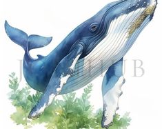 a painting of a blue whale jumping out of the water with algae on its back