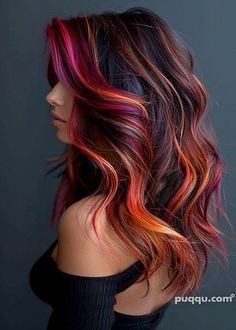 Tequila Sunrise Hair Color, Balayage Hair With Color Pop, Vivid Red Balayage Hair, Unicorn Hair Color Peekaboo, Multi Red Hair Color Combos, Dimensional Vivid Hair, Brunette With Vivid Color, Fall Bright Hair Color, Vivid Color Hair Ideas