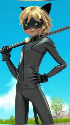 an animated catwoman holding a baseball bat in front of a blue sky with clouds