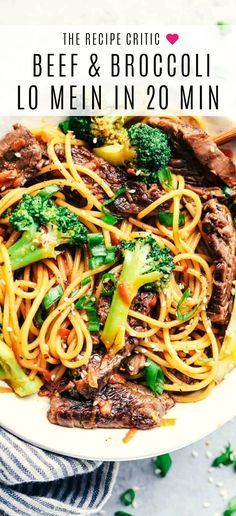 the recipe for beef and broccoli lo mein in 20 min is shown on a plate