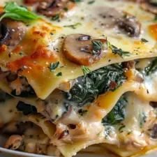 a white plate topped with lasagna covered in mushrooms and spinach toppings