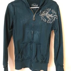 Blue/Green Zip Up Sinful Affliction Hoodie. Great Condition. Size M Fitted Blue Hoodie For Fall, Blue Fitted Hoodie For Fall, Blue Fitted Long Sleeve Hooded Jacket, Blue Fitted Hooded Jacket For Fall, Affliction Hoodie, Sinful Affliction, Colorful Hoodies, Zip Up Hoodie, Zip Ups