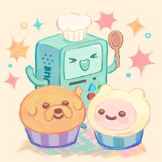 two cupcakes with faces on them next to an ice cream machine and bear