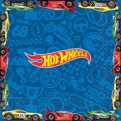 a blue background with hot wheels on it and the word's logo in red