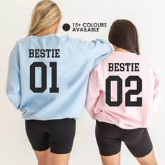 Best Friend Sweatshirt with Personalized text, Matching Bestie Sweatshirts, Bestie Shirt, Fun Sweatshirt, Custom Bestie Shirt 👕 Working hard or hardly working? Either way, you'll want to wrap up in the plush, cosy comfort of this crewneck sweatshirt. The pre-shrunk cotton/polyester blend fabric stays comfortable, with less pilling. And it's machine washable, so caring for it feels as laid-back as wearing it.. * Air jet yarn, softer feel and reduced pilling * Drop shoulder style * Classic fit * Long Sleeve Tops With Letter Print Band Merch, Long Sleeve Tops With Letter Print For Band Merch, Band Merch Crew Neck Top With Slogan, Long Sleeve Slogan Tops Band Merch, Relaxed Fit Crew Neck Top For Fan Merchandise, Pink Band Merch Sweatshirt With Letter Print, Slogan Crew Neck Top For Fans, Crew Neck Slogan Top For Fan Merchandise, Fan Apparel Tops With Slogan