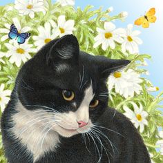 a painting of a black and white cat sitting in front of daisies with butterflies