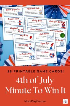 the 4th of july printable game cards with text that reads,'fourth of july minute to win it '