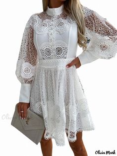 Olivia Mark - Sensual Lace Trimmed Long Sleeve Dress White Long Dresses, Lace Lanterns, Long Dresses For Women, Dress Woman, Long White Dress, Summer White, Midi Dress Party, Elegant Party, Puffed Sleeves Dress