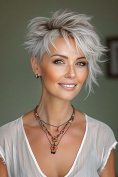 Short Hair Necklines For Women, Short Hair Styles Over 50 Older Women, Pixie With An Undercut, Pixi Hair 2024, Women 60 Years Old Hairstyles, Pixie Haircut Grey Hair, Fun Pixie Hairstyles, Old Woman Haircut, Women S Haircut Short