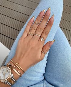 Gold Tip Nails, Kutek Disney, Almond Nails Designs, Almond Acrylic Nails, Hot Nails, Prom Nails