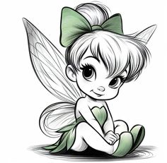 a little fairy sitting on the ground with her legs crossed and eyes wide open, wearing green