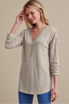 An easy-wearing sweater with max zip appeal. An oversized gold zipper pull adds a flash of on-trend shine to the soft, textural slub jersey knit. In a tunic length, it's ready to pair with jeans and booties or leggings and sneaks. Womens Tunic Tops, Tunic Sweaters, Tunics For Women, Faux Suede Dress, Tunic Leggings, Jersey Sweater, Zipper Sweater, Kick Flare Jeans, Style 2023